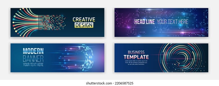 Set banner templates for websites. Abstract social media cover design. Horizontal header web background. High tech design with technological elements. Science and digital technology concept.