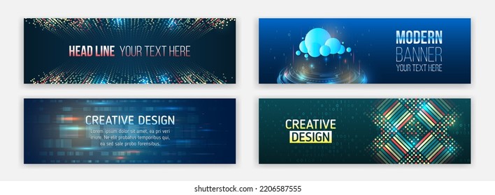 Set banner templates for websites. Abstract social media cover design. Horizontal header web background. High tech design with technological elements. Science and digital technology concept.