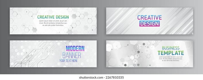 Set banner templates for websites. Abstract social media cover design. Horizontal header web background. High tech design with technological elements. Science and digital technology concept.