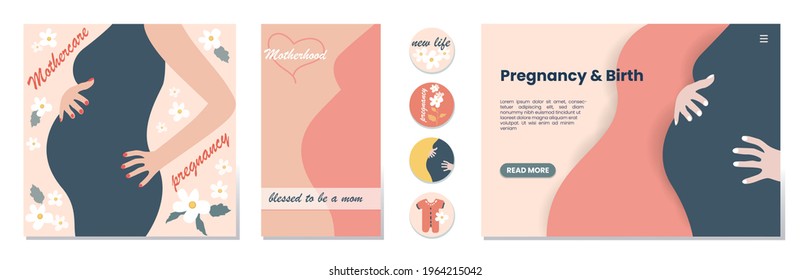 Set of banner templates for websites, or advertising,  landing page, media post and stories. Pregnant woman. Mother day greeting. Health care, female, motherhood. Minimalism style.