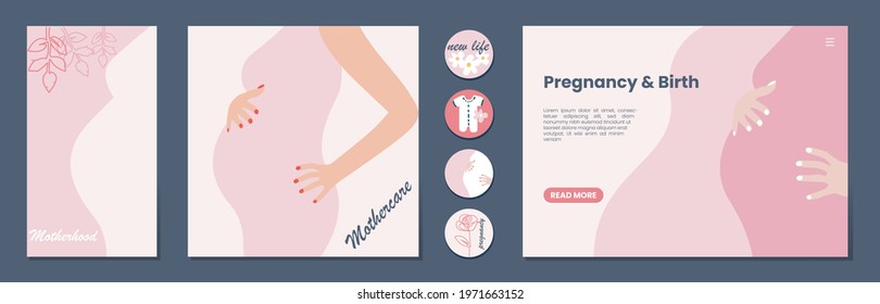 Set of banner templates for websites, or advertising,  landing page, media post and stories. Pregnant woman. Mother day greeting. Health care, female, motherhood. Minimalism style.