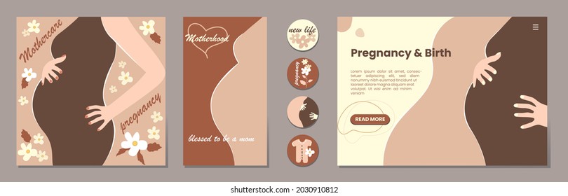 Set of banner templates for websites, or advertising,  landing page, media post and stories. Pregnant woman. Mother day greeting. Health care, female, motherhood. Minimalism style.