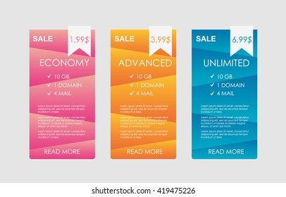 Set banner  three tariffs. Price list, hosting plans and web boxes banners design. three tariffs. interface for the site. ui ux vector banner for web app.