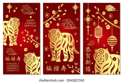 Set of banner with tiger for Chinese New Year. Hieroglyph translation: Happy new year; happiness, prosperity longevity; tiger. 2022