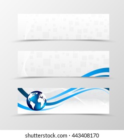 Set of banner wave design. Light banner for header blue lines, globe and digital square surface. Design of banner in geometric style. Vector illustration