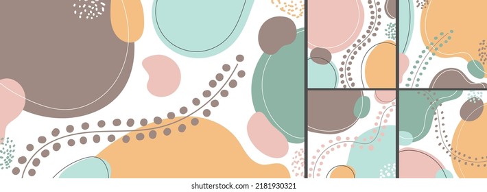Set of banner web design template abstract minimal organic shapes composition pastel color background in trendy contemporary collage style. Vector illustration