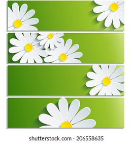 Set of banners with 3d flower chamomile isolated on white background. Creative trendy green wallpaper with flowers chamomiles. Vector illustration
