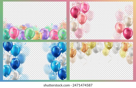 Set of banners with 3d realistic colorful glossy balloons and confetti on trasparent background with blank space for greeting text. Wallpapers for birthday, celebration party, sale, holidays, wedding