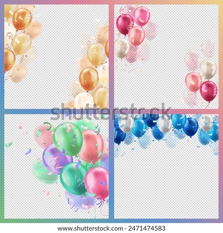 Set of banners with 3d realistic colorful glossy balloons and confetti on transparent background. Template design of greeting cards for birthday, celebration party, sale, opening event, invitation