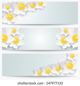 A set of banners with 3d white daffodils. Spring floral paper  labels. Vector illustration. 