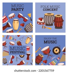 Set of banners about music concert and party with percussion instruments flat style, vector illustration isolated on white background. Blue squared frames, folk, festival