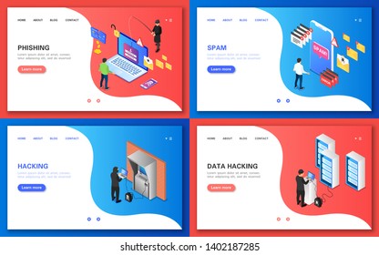 Set of banners about phishing, spam, hacking data in a flat isometric illustration. Vector graphics.