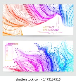 Set banners with abstract background with many wavy multicolored deformed lines and dots.