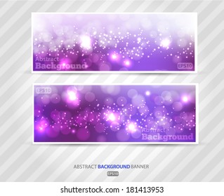 Set banners abstract blurred with bokeh effect, glittery lights purple abstract Christmas background. Vector EPS 10 illustration.