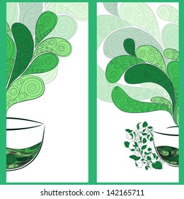 Set of banners with abstract cups with green tea. Design for registration of the menu of restaurant