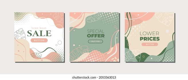 Un conjunto de banners con un diseño abstracto de líneas suaves y un contorno de monstruo. Ilustración vectorial.