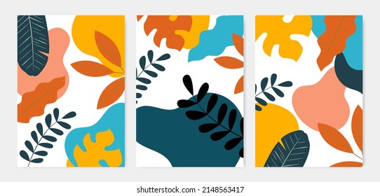 Set of banners, advertising posters, wall posters. For websites. Summer design, tropical leaves. Vector hand drawing. Template. Modern design.
