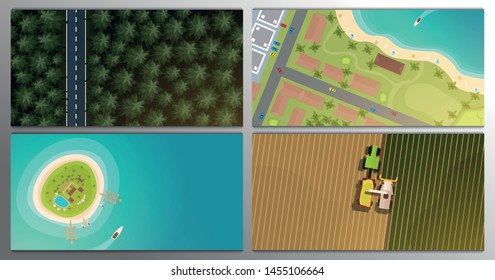Set of banners. Aerial Top view of the forest and road, city, tropical island, field and harvesting