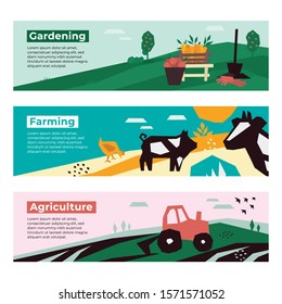 Set of banners with agriculture, farming, gardening. Garden harvest scene with fruit, shovel. Vector illustration with farm landscape, tractor on field, cow, pig and chicken. Background for web, flyer