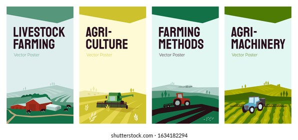 Set of banners with agriculture, livestock, farming concept. Vector illustrations of farm land, rural landscape, cows, tractor and combine harvester on field. Backgrounds for flyer, cover, poster, ad.