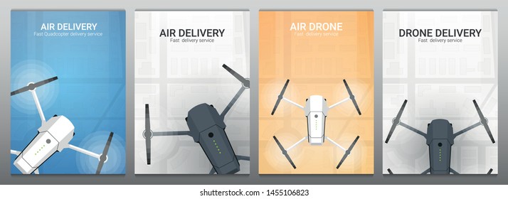 Set of banners. Air delivery. Drone flying over the city. City map on the background. Aerial Drone taking photography and video