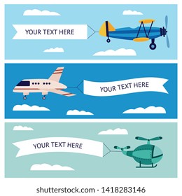 Set of banners with airplane on the sky with a sign, text template in white ribbon flag dragged behind cartoon planes and helicopter flying in air among clouds, isolated flat vector illustration