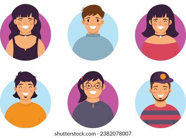 conjunto de banderas con el concepto de avatar con los rostros de los jóvenes. ilustración Retrato de hombres y mujeres diversos Icono de Ronda con humano sonriente feliz.