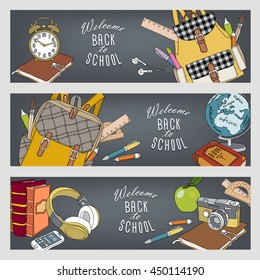 Set of banners "Back to School". Backpack, pen, pencil, ruler, brush, marker, globe, camera, headphones, earphones, notebook, phone, apple, book, alarm clock. Vector illustration.