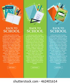 Set of banners back to school with stationery, folders, books and notebooks with place for your text. Vector illustration