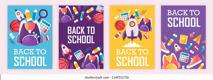 set of banners. back to school. vector cartoon illustration. school supplies