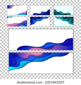 Establecer pancartas. Fondo con patrón de ondulación multicapa abstracto azul. Estilo de arte de papel. Diseño de plantillas para carteles, pancartas, folletos y folletos.