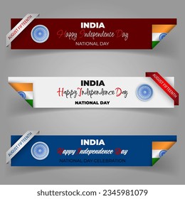Set of banners, background with handwriting, national flag colors and spinning wheel, for fifteenth of August, India Independence day, celebration 