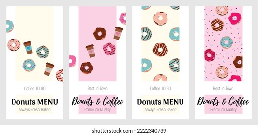 Set of banners for bakery donuts shop and coffee menu. Vector illustration for banner, flyer, cover, advertising, menu, poster. 