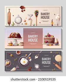 Set of banners for baking, bakery shop, cooking, sweet products, dessert, pastry. Vector illustration for poster, banner, cover, flyer, menu, sale, advertising.