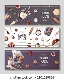 Set of banners for baking, bakery shop, cooking, sweet products, dessert, pastry. Vector illustration for poster, banner, cover, flyer, menu, sale, advertising.