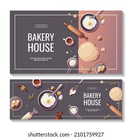 Set of banners for baking, bakery shop, cooking, sweet products, dessert, pastry. Vector illustration for poster, banner, cover, flyer, menu, sale, advertising.