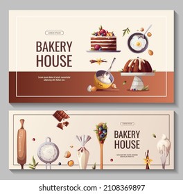 Set of banners for baking, bakery shop, cooking, sweet products, dessert, pastry. Vector illustration for poster, banner, cover, flyer, menu, sale, advertising.