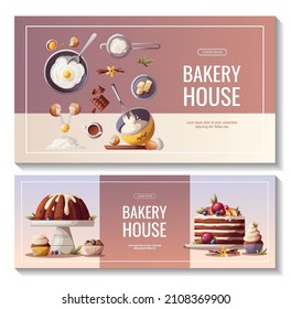 Set of banners for baking, bakery shop, cooking, sweet products, dessert, pastry. Vector illustration for poster, banner, cover, flyer, menu, sale, advertising.