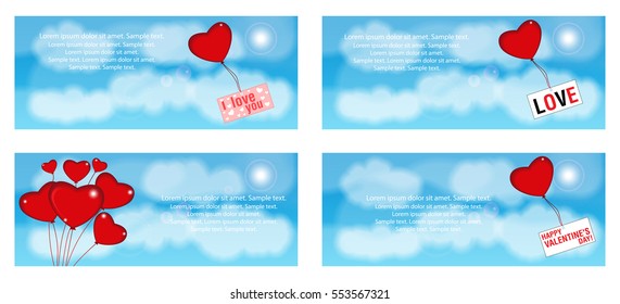 A set of banners balloons in the shape of a heart in the sky. Vector illustration