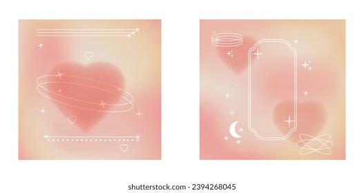 Set of banners in Bauhaus style. Gradient y2k. Vector stock illustration. Isolated. Hearts and geometric shapes. Brutalism