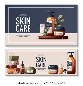 Conjunto de banners con cremas de belleza, jabón, suero. Belleza, cuidado de la piel, cuidado del cabello, limpieza, concepto de cosméticos. Ilustración vectorial para banner, promo, póster.