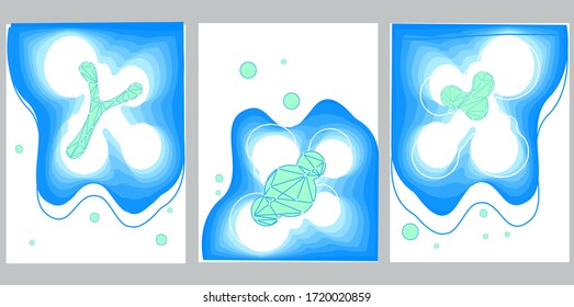 Set of banners beneficial bacteria .Probiotics, prebiotics. Normal gram-positive anaerobic microflora background. Editable landscape vector illustration in bright blue colors.