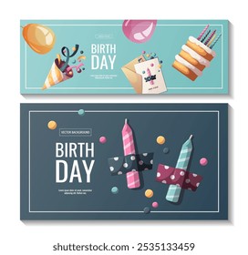 Set of banners with Birthday cake, candles, balloons, party hat. Birthday party, celebration, congratulations, invitation concept. Vector illustration for advertising, promo, banner. 