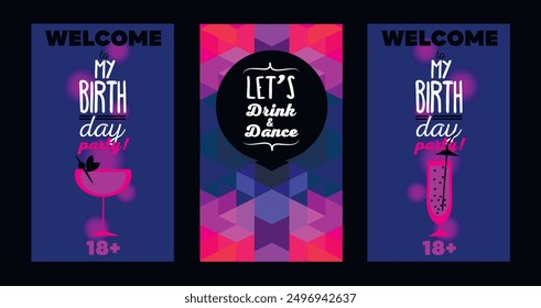 Set of banners for birthday party with cocktails, can be used as nightclub flyers, vector illustration