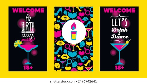 Set of banners for birthday party with cocktails, can be used as nightclub flyers, vector illustration