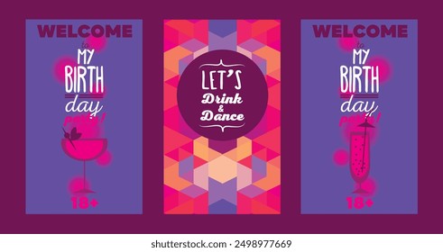 Set of banners for birthday party with cocktails, can be used as nightclub flyers, vector illustration