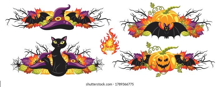 Set of banners with black cat, a bat, a hat, an angry pumpkin and some elements for halloween on the white background. Vector illustration.