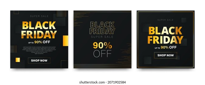 Set of banners for Black Friday in modern geometric style. Gold and black squares on a dark background. Lettering about a thematic sale, discounts, promotions. Social media post templates.