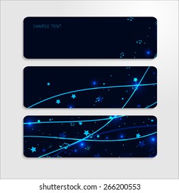  Set of banners with blue background with lines, stars and notes. Vector EPS 10

