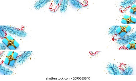 Set of banners with blue fir branches, confetti, gift box and candy cane sticks. White background. Space for text. Vector illustration.
